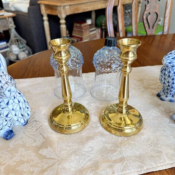 Vintage Brass and Blue Glass Candle holders - Picture 7 of 12